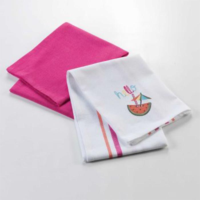 Lot de 2 Torchons Coton "Ibiza" 70cm Rose & Blanc | Torchon & Essuie Main Linge de Cuisine Rose & Blanc