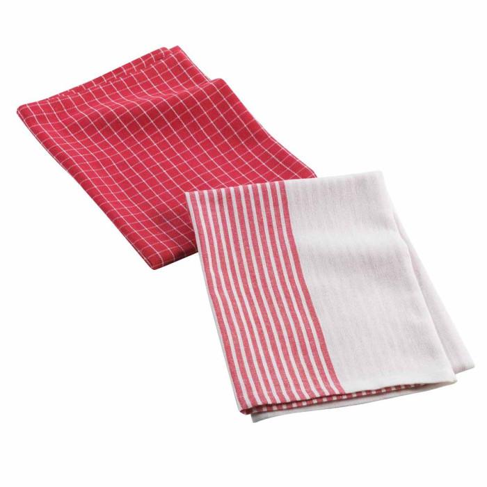 Lot de 2 Torchons de Cuisine "Au Bistrot" 50x70cm Rouge | Torchon & Essuie Main Linge de Cuisine Rouge & Blanc