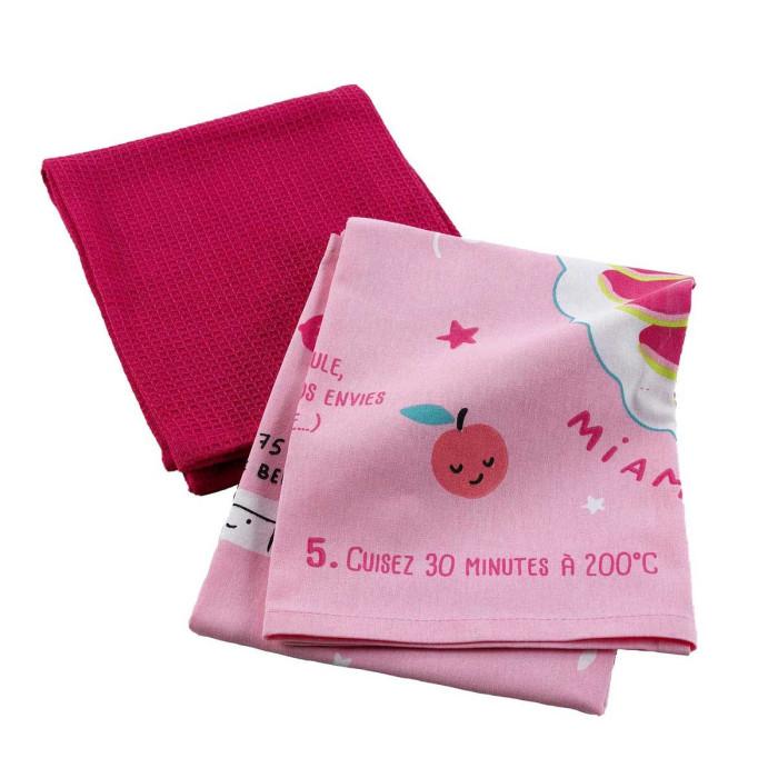 Lot de 2 Torchons Enfant "Mini Fée II" 50x70cm Rose | Torchon & Essuie Main Linge de Cuisine Rose