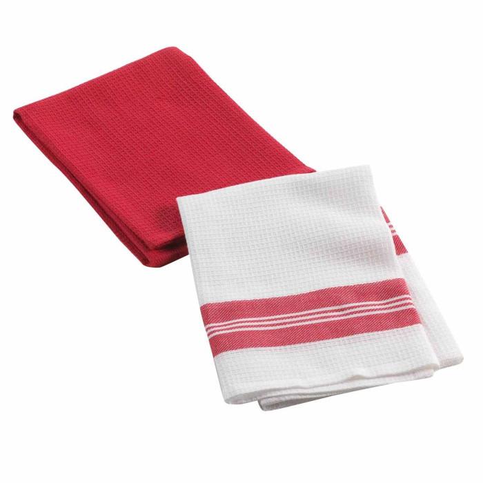 Lot de 2 Torchons Nid d’Abeille "Au Bistrot" 50x70cm Rouge | Torchon & Essuie Main Linge de Cuisine Rouge & Blanc