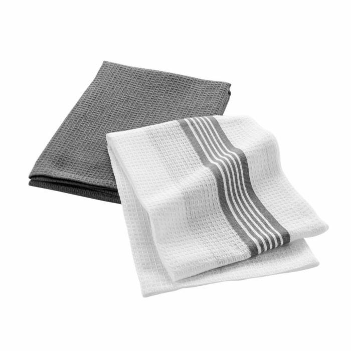 Lot de 2 Torchons Nid d’Abeille "Grand Chef" 50x70cm Blanc & Gris | Torchon & Essuie Main Linge de Cuisine Blanc & Gris