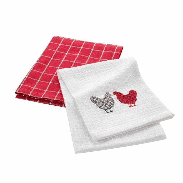 Lot de 2 Torchons "Suzette" 50x70cm Rouge & Blanc | Torchon & Essuie Main Linge de Cuisine Rouge & Blanc