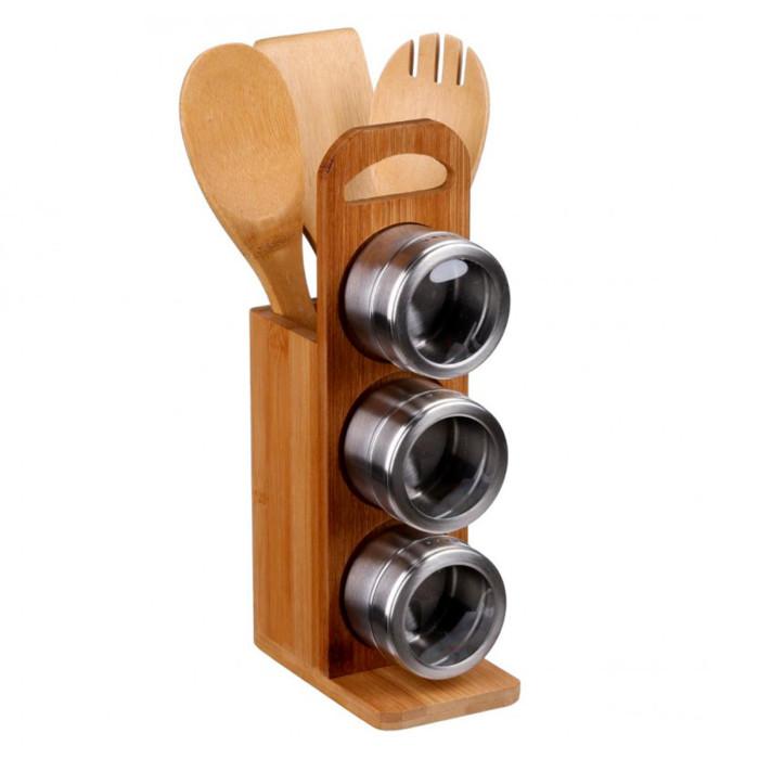 Lot de 3 Ustensiles & Pots à Epices "Bambou" 31cm Naturel | Cuillère, Écumoire & Louche Boîtes de Rangement Cuillère, Écumoire & Louche