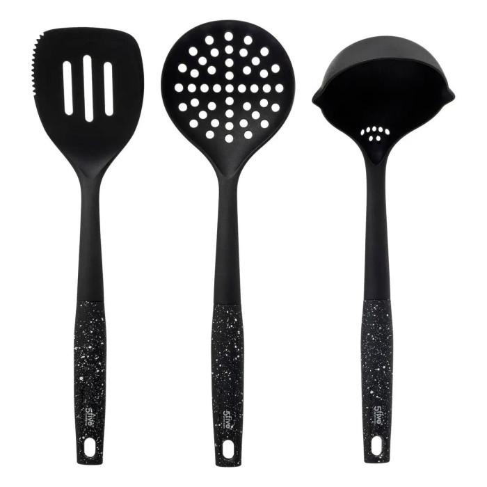 Lot de 3 Ustensiles de Cuisine "Caractère" 33cm Noir | Cuillère, Écumoire & Louche Cuillère, Écumoire & Louche Cuillère, Écumoire & Louche