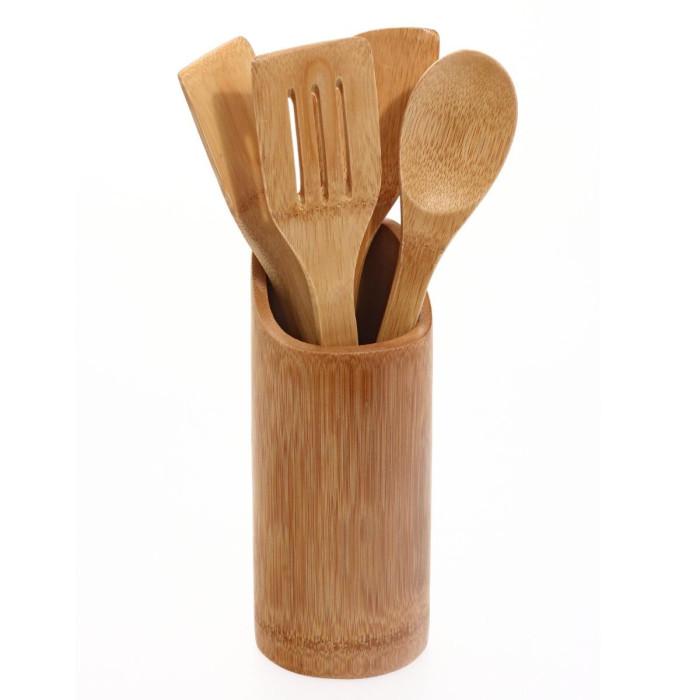 Lot de 4 Ustensiles & Pot de Cuisine "Bambou" Naturel | Accessoire de Préparation Accessoire de Préparation Accessoire de Préparation