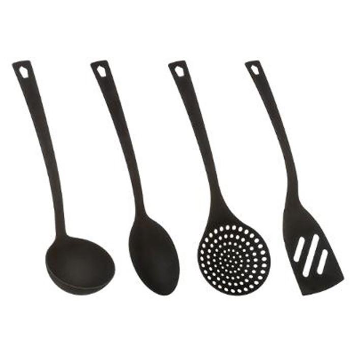 Lot de 4 Ustensiles de Cuisine "Nylon" 31cm Noir | Spatule, Fouet & Pinceau Cuillère, Écumoire & Louche Cuillère, Écumoire & Louche