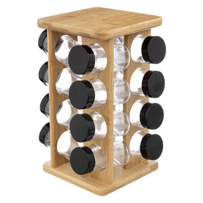 Présentoir à Epices Rotatif "16 Pots" 28cm Bambou | Pot à Épices & Porte-Épices Boîtes de Rangement Marron