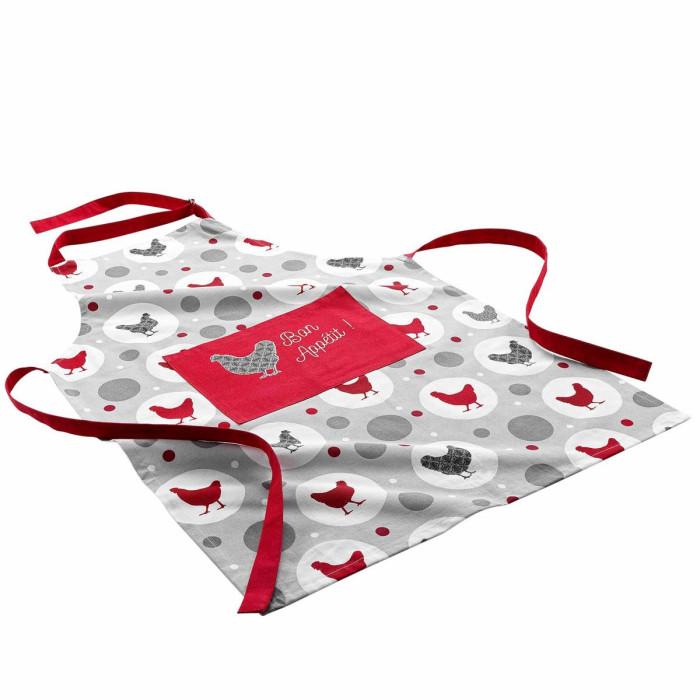 Tablier de Cuisine Imprimé "Suzette" 84cm Rouge & Gris | Tablier de Cuisine Linge de Cuisine Rouge & Gris