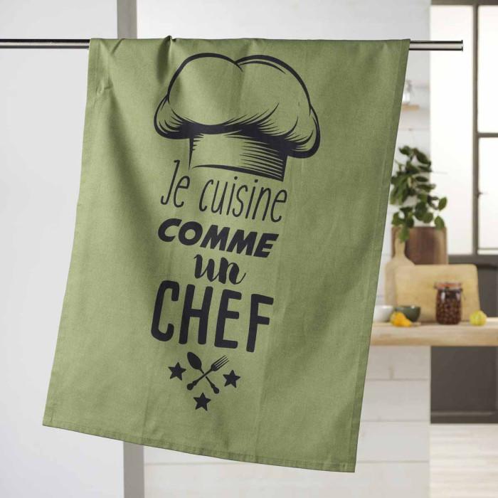 Torchon de Cuisine "Comme un Chef" 50x70cm Kaki | Torchon & Essuie Main Linge de Cuisine Kaki