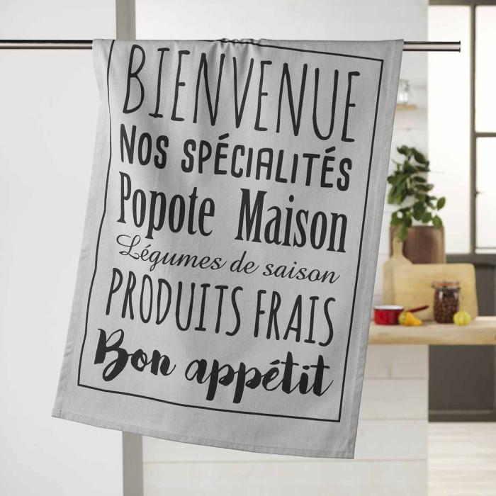 Torchon de Cuisine Imprimé "Popote" 50x70cm Gris | Torchon & Essuie Main Linge de Cuisine Gris