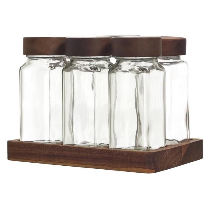 Lot de 6 Bocaux à Épices "Acacia" 17cm Transparent | Pot à Épices & Porte-Épices Boîtes de Rangement Pot à Épices & Porte-Épices