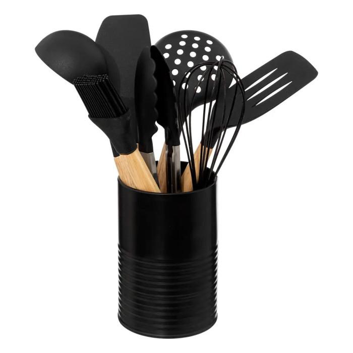 Lot de 7 Ustensiles avec Pot "Acacia" 30cm Noir | Pot à Ustensiles Equipement de Cuisine Noir & Naturel